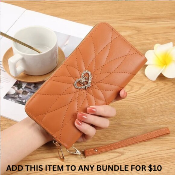 $10 ADD ON ITEM- Quilted Brown PU Leather Wallet with Heart Charm Zip Clutch - Picture 1 of 5
